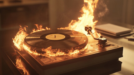 Vintage Record Player in Flames on Office Desk – Dramatic Destruction Scene