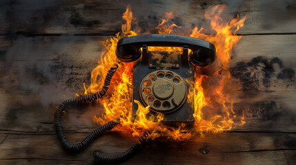 Vintage Rotary Phone Engulfed in Flames on Rustic Table – Dramatic Fire and Smoke Scene