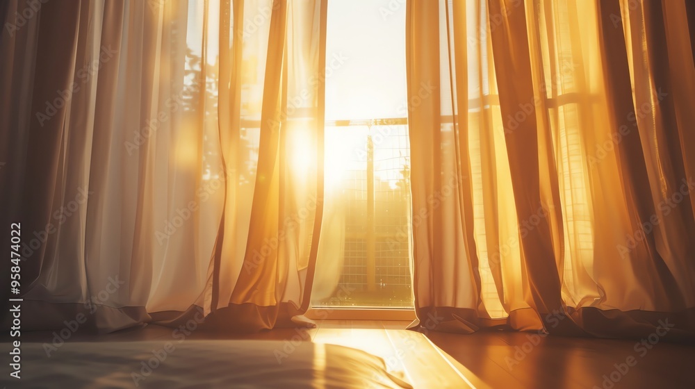 Poster a window with sheer curtains is backlit by the setting sun.