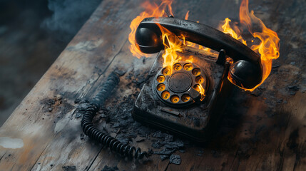 Vintage Rotary Phone Engulfed in Flames on Rustic Table – Dramatic Fire and Smoke Scene