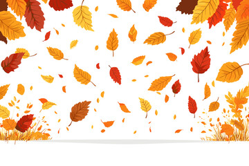 Autumn falling leaves. Flying orange foliage from tree on white background isolated vector illustration