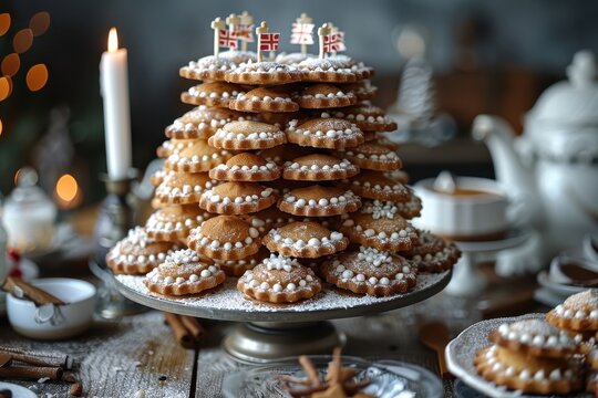 Norway: Kransekake A tall, ring-shaped cake made of stacked almond cookie rings, decorated with white icing and small Norwegian flags
