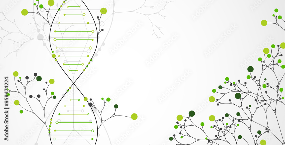 Aufkleber Scientific medical background with abstract image of dna molecule and tree branches. Hand drawn vector illustration.