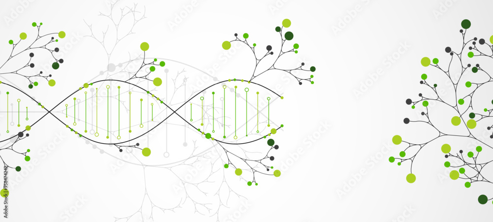Poster scientific medical background with abstract image of dna molecule and tree branches. hand drawn vect