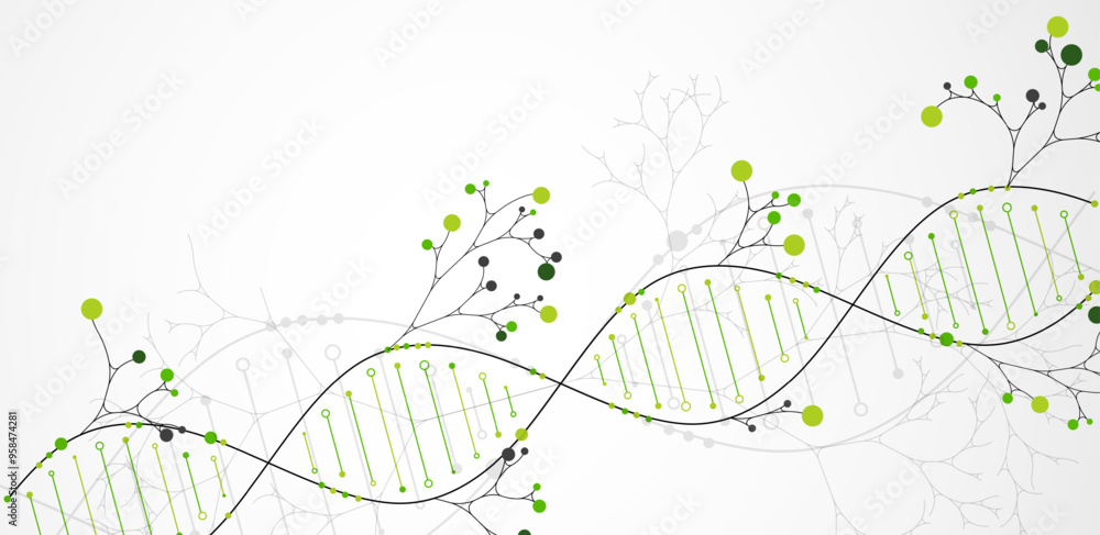 Poster scientific medical background with abstract image of dna molecule and tree branches. hand drawn vect