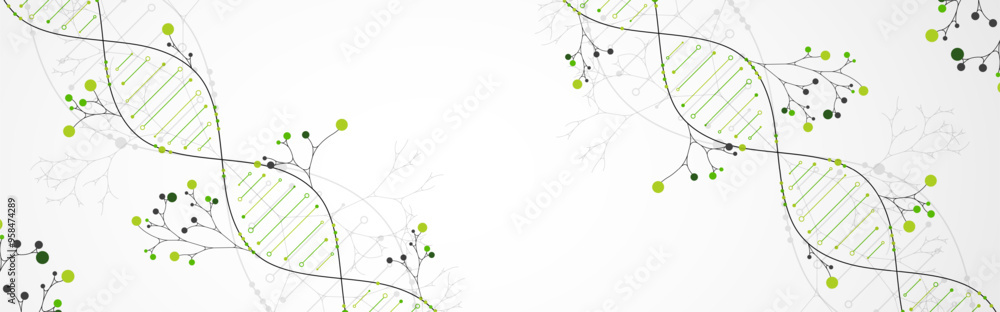 Poster scientific medical background with abstract image of dna molecule and tree branches. hand drawn vect