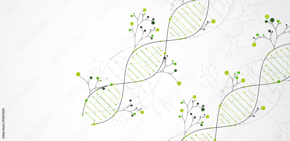 Poster Scientific medical background with abstract image of dna molecule and tree branches. Hand drawn vector illustration.