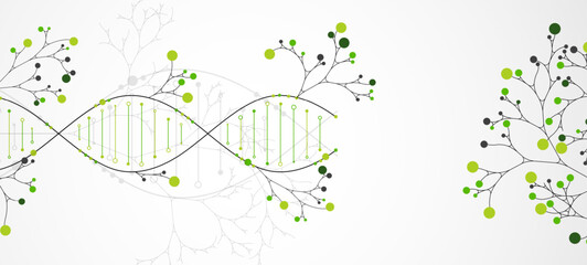 Scientific medical background with abstract image of dna molecule and tree branches. Hand drawn vector illustration.