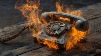 Vintage Rotary Phone Engulfed in Flames on Rustic Table – Dramatic Fire and Smoke Scene