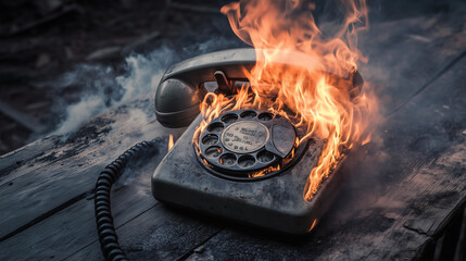 Vintage Rotary Phone Engulfed in Flames on Rustic Table – Dramatic Fire and Smoke Scene