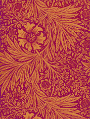 Floral pattern with stylized flowers and leaves on a purple background.