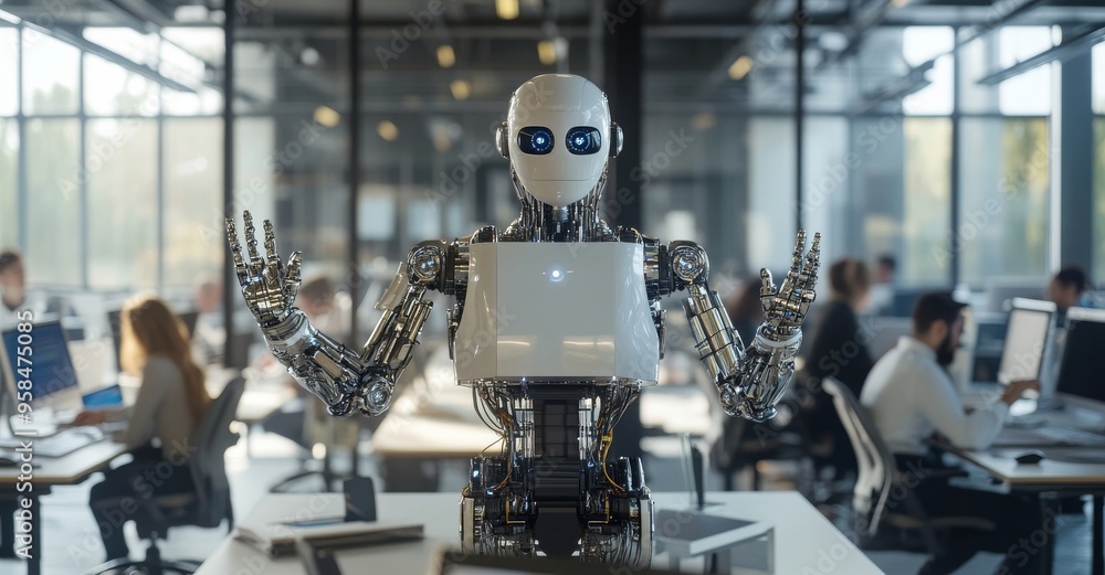Poster observing a robot walking down a long corridor in an office building.people behind clapping in appre