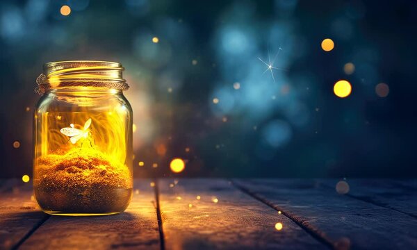 Jar glowing with magical fireflies on a mystical twilight background