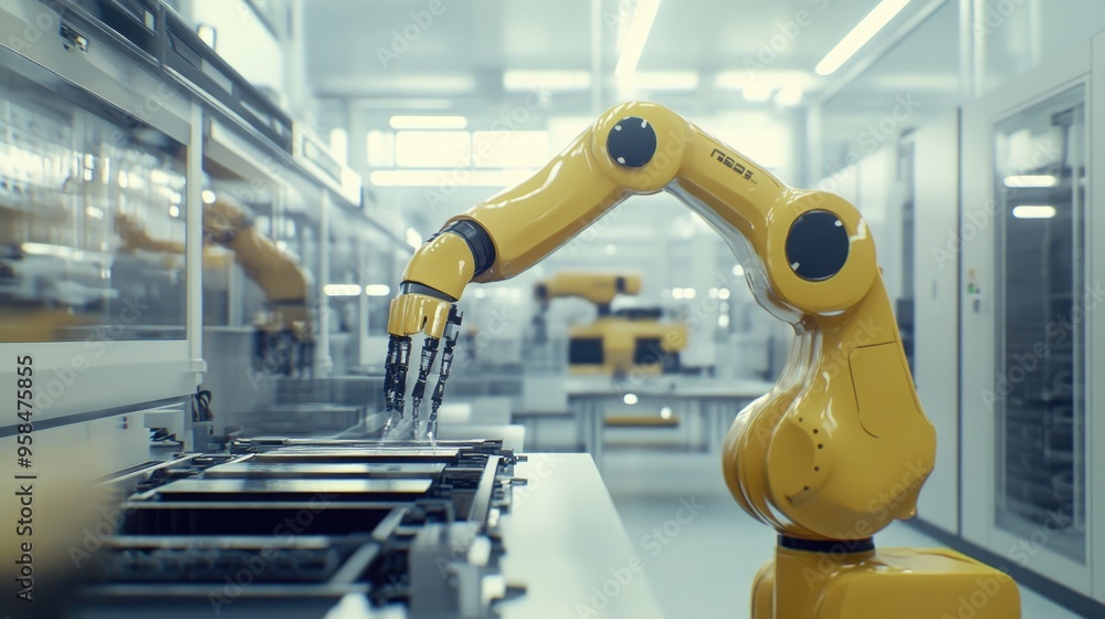 Aufkleber high-tech yellow robot working in a modern factory, showcasing the advancement of ai in replacing hu