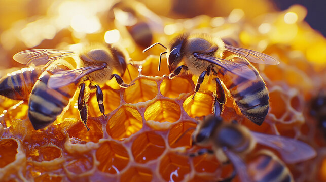 Close-up photo of bee on honeycomb. A honey bee collecting nectar, wildlife perfect pattern