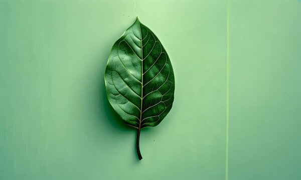 Green leaf on a mint green background