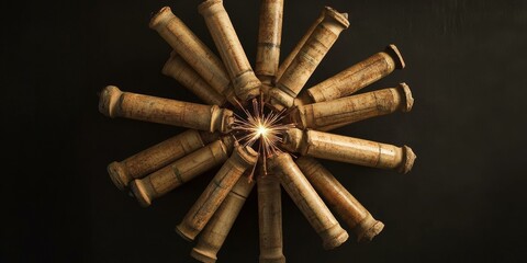 Wooden tubes arranged in a circle with a spark in