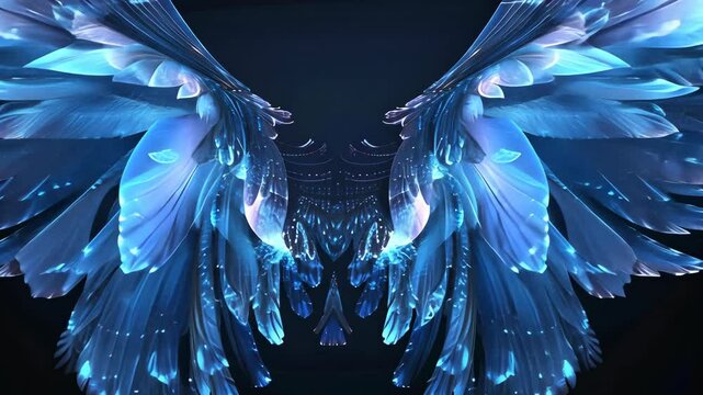 Stunning digital art of luminous blue angel wings displayed against a dark cosmic background
