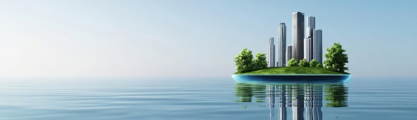Fototapeta premium Small Island with City Buildings Floating on Sea in Digital Illustration Style