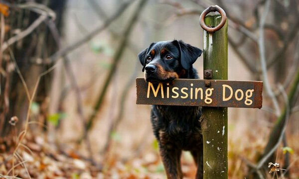 A black dog near a "Missing Dog" sign in the woods