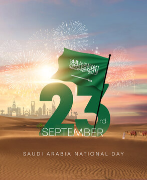 Saudi Arabia National Day. Saudi Arabia flags against the sunset and desert. 3D rendering illustration	