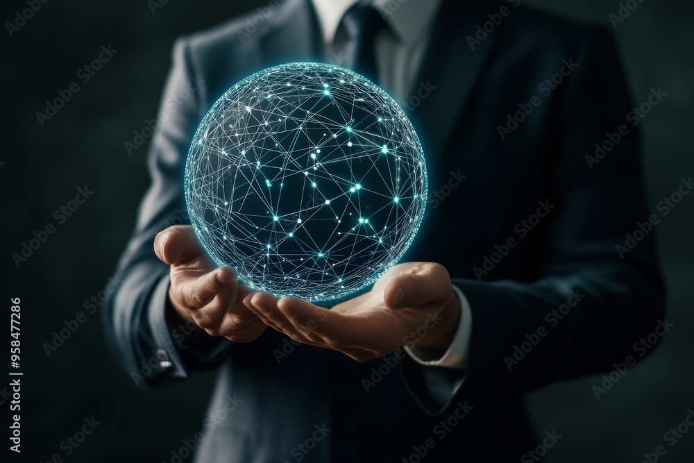 Aufkleber business person holding a hand, abstract wire frame mesh network rendering image