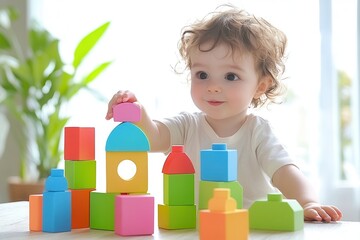 A curious child plays with colorful building blocks, fostering creativity and development in a bright, cheerful setting.