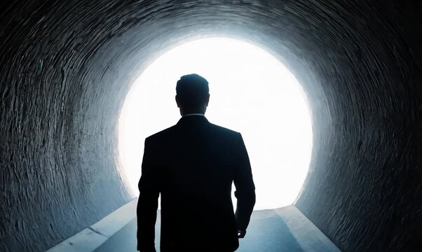man walking through a dark tunnel toward a bright light