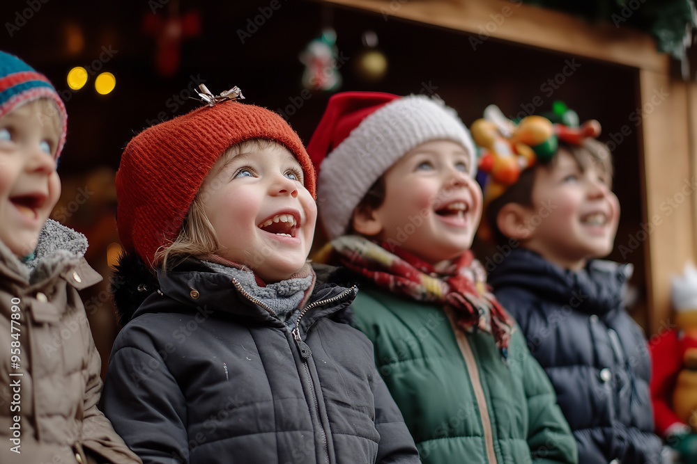 Wall mural Children Enjoying Puppet Show at Joyful Christmas Market