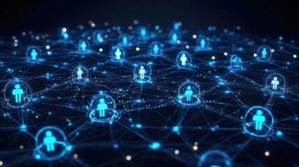 A network of glowing blue icons represents individuals connected digitally on a dark background