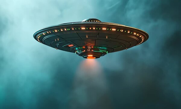 A UFO with bright lights in a foggy sky