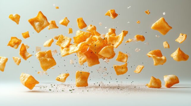 Seasoned snack pieces burst, showcasing a dynamic mix of texture and flavor against a light backdrop