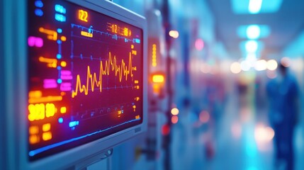 Obraz premium A medical monitor shows patient vital signs in a bustling hospital corridor filled with healthcare professionals