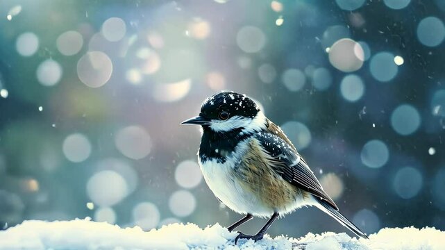 Charming coal tit explores snowy landscape during a winter afternoon