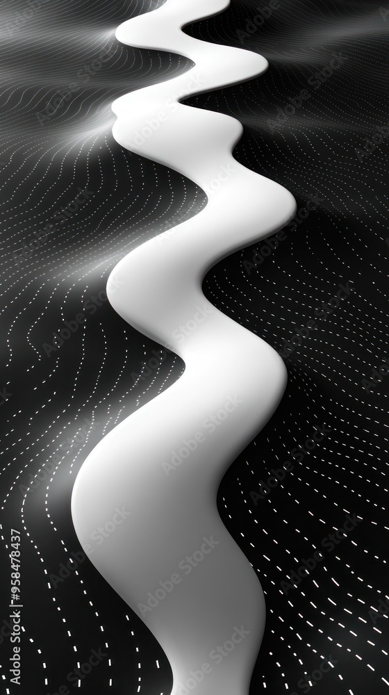 Poster a calming, abstract representation of a winding white shape against a dark backdrop with subtle dott