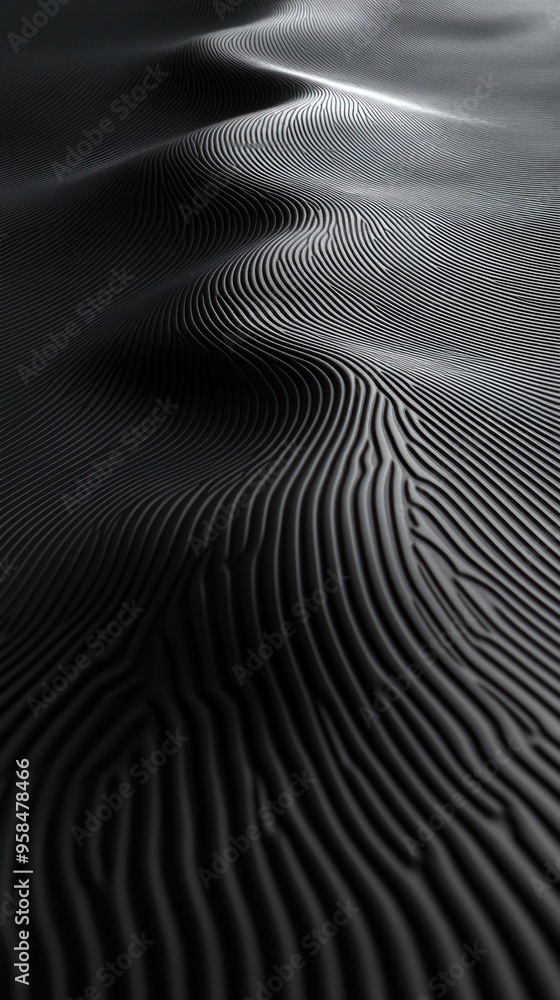 Poster intricate lines form elegant waves across a dark sandy texture caught in gentle light, creating a se