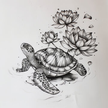 turtle, lotus, vector, illustration, art, animal, design, cartoon, drawing, nature, pattern, sea, symbol, vintage, tattoo, reptile, ornament, cute, decoration, flower, sign, tortoise, icon, shell, sil