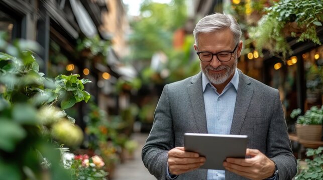 A smiling older man looks at his tablet while surrounded by lush plants and flowers in a cheerful garden center - Powered by Adobe