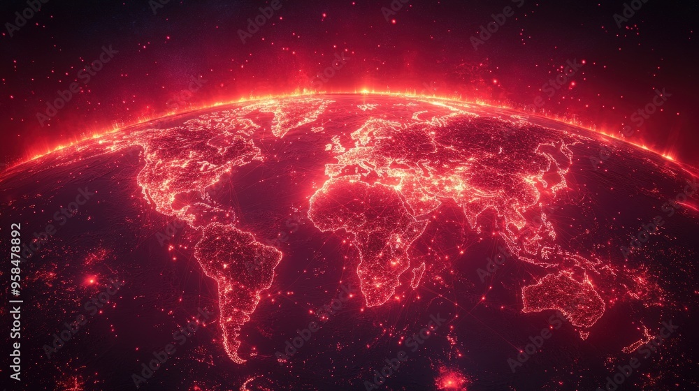 Poster a glowing red world map with a bright light emanating from the top, representing the interconnectedn