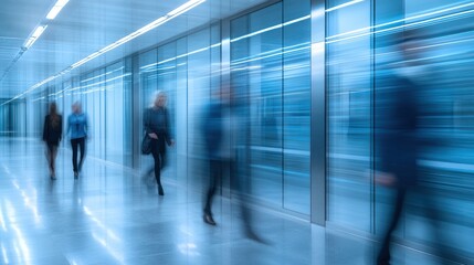 Crowds navigate a sleek corridor in a city office building as the day transitions to evening