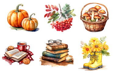 Watercolor vector set of autumn elements. Pumpkins, rowan, mushrooms, books, yellow shoes.