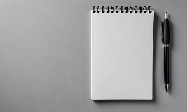 Blank notepad with a pen on gray background