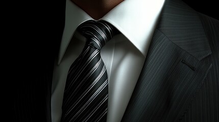 A man in a tailored suit and striped tie is shown, highlighting his professional attire against a dark backdrop