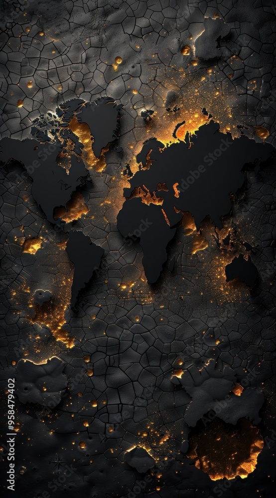 Poster black background with a gray metal mesh texture and a world map in the center