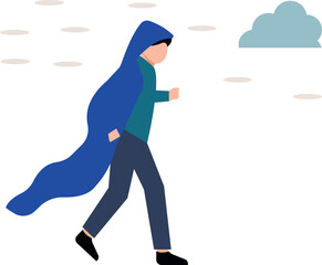 A boy wearing a raincoat is walking in the rain.