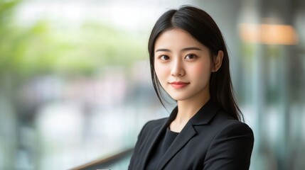 Naklejka premium A young woman in a business suit stands confidently in a contemporary office, showcasing her professionalism