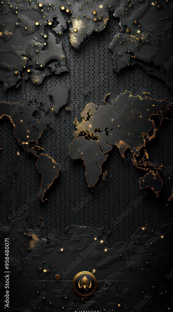 Poster black background with a gray metal mesh texture and a world map in the center