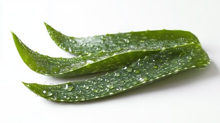 Aloe vera leaf fragments, freshly cut, with water droplets on a white backdrop. 