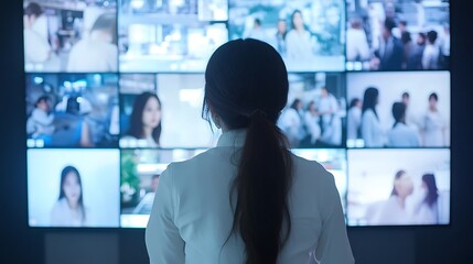 A woman in a white shirt stands in front of a wall of screens displaying various images.