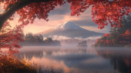A peaceful lakeside with Mount Fuji in the background, covered in morning fog, framed by the deep reds and oranges of autumn leaves.